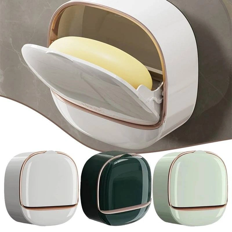 Soap Holder With Lid Drain Soap Box Punch-Free Flip-Top Soap Dish