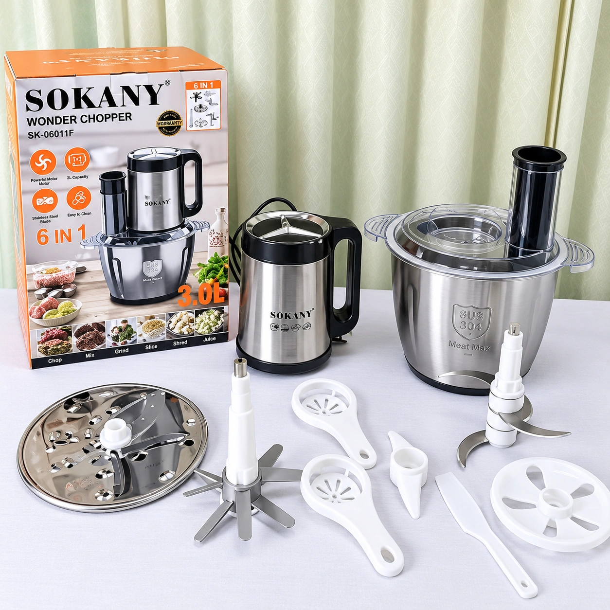Sokany Wonder Chopper – 800W Electric Meat Grinder & 6-in-1 Food Processor | 3L Stainless Steel Bowl