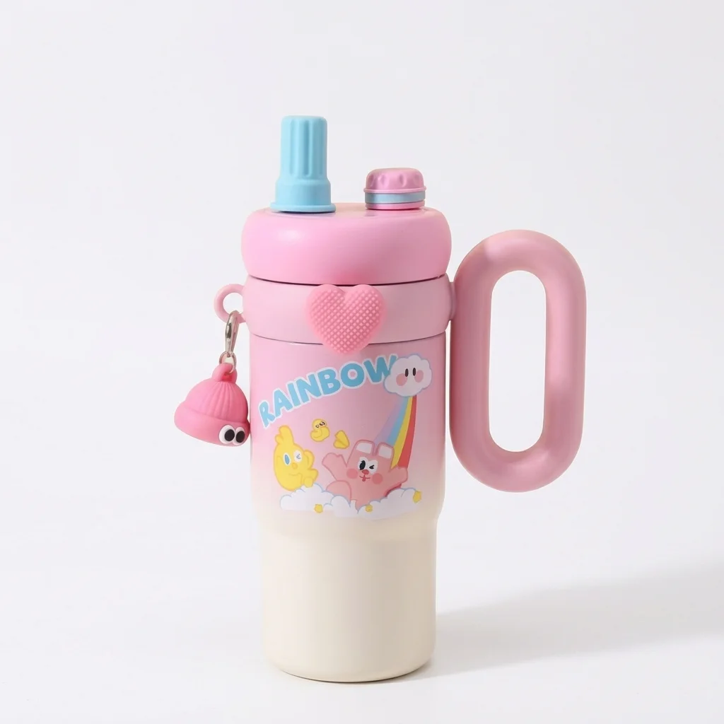 Cartoon Kids Tumbler | 750ml Stainless Steel Double-Walled Travel Mug | Pink