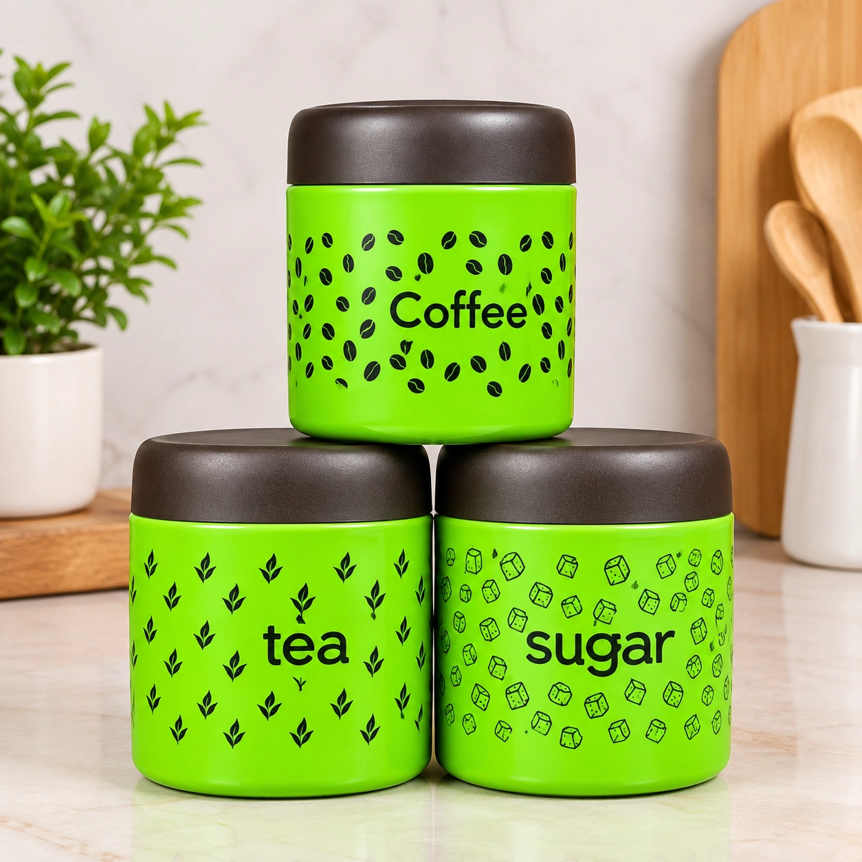 Stainless Steel Tea Coffee Sugar Canisters Set | Green