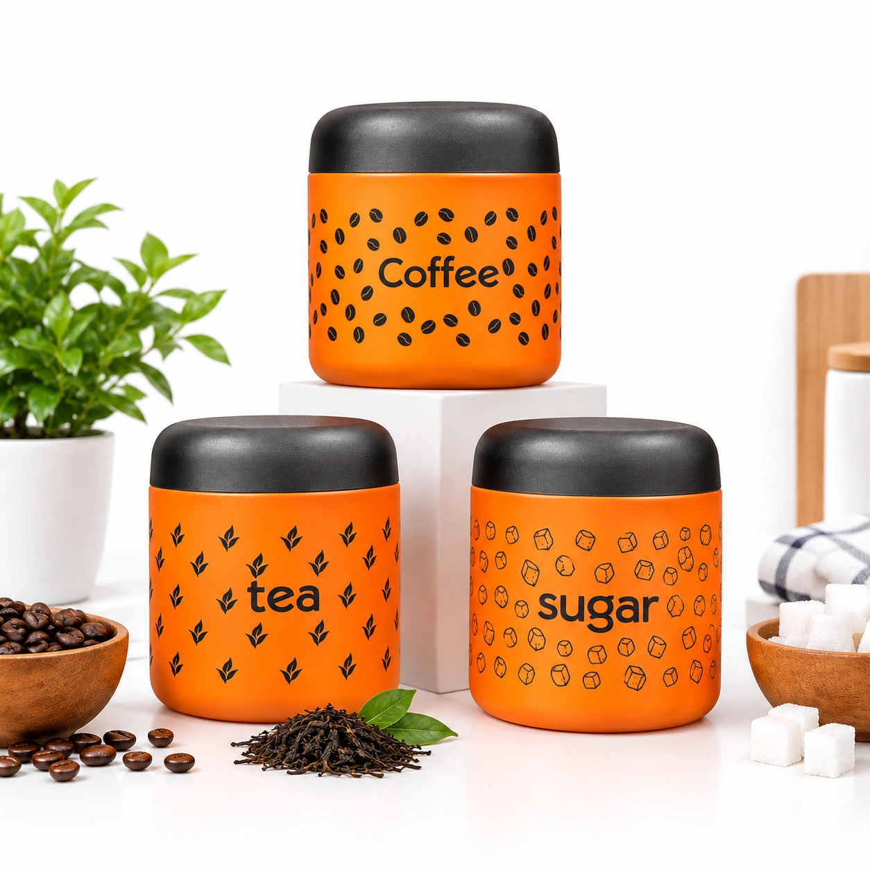 Stainless Steel Tea Coffee Sugar Canisters Set | Orange